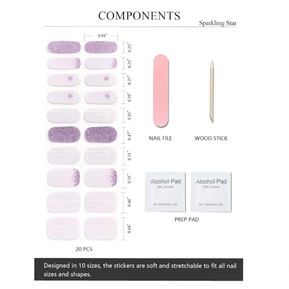 Purple Sparkling Star Semi-Cured Gel Nail Strip Set